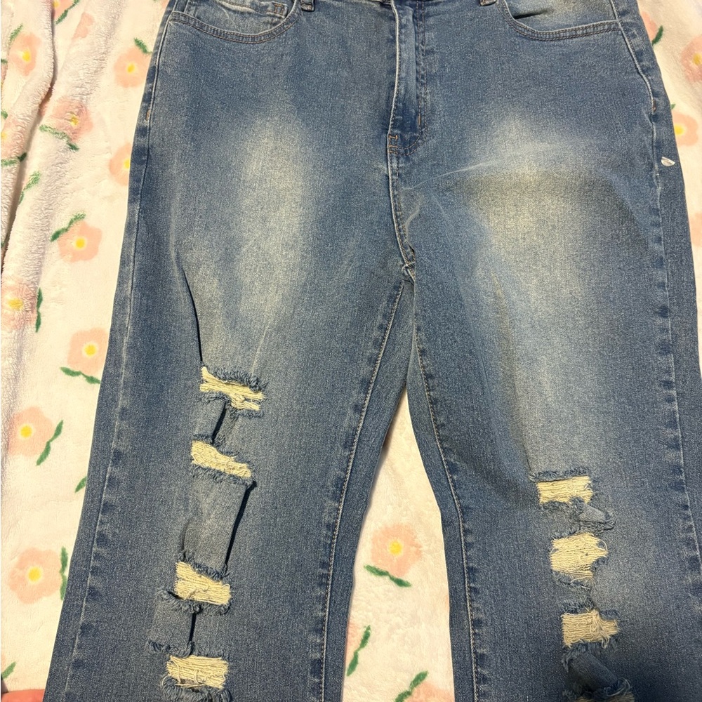 Fashion Nova Blue Distressed Straight Leg Jeans